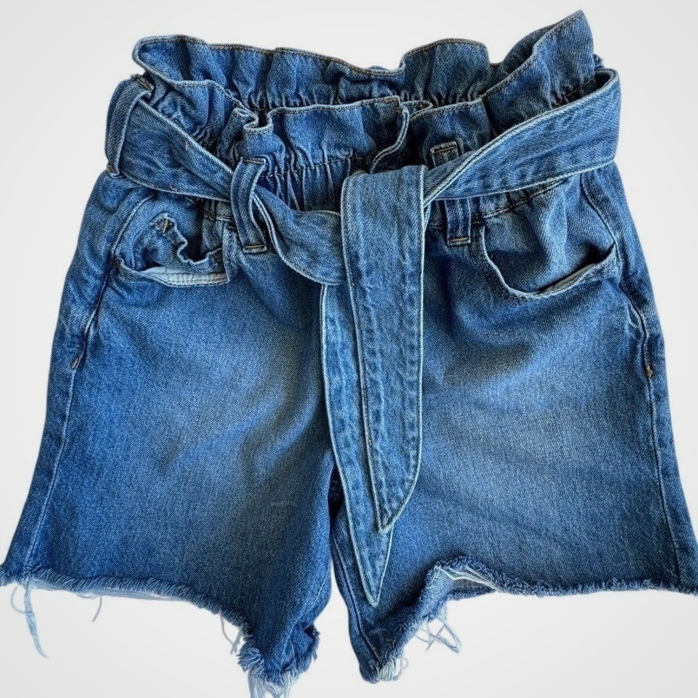 Aeropostle high rise paper waist belted denim mom shorts with raw hem Size 0